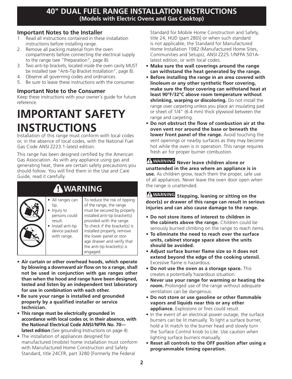 Important safety instructions, 40" dual fuel range installation instructions | FRIGIDAIRE FPDF4085KF User Manual | Page 2 / 24