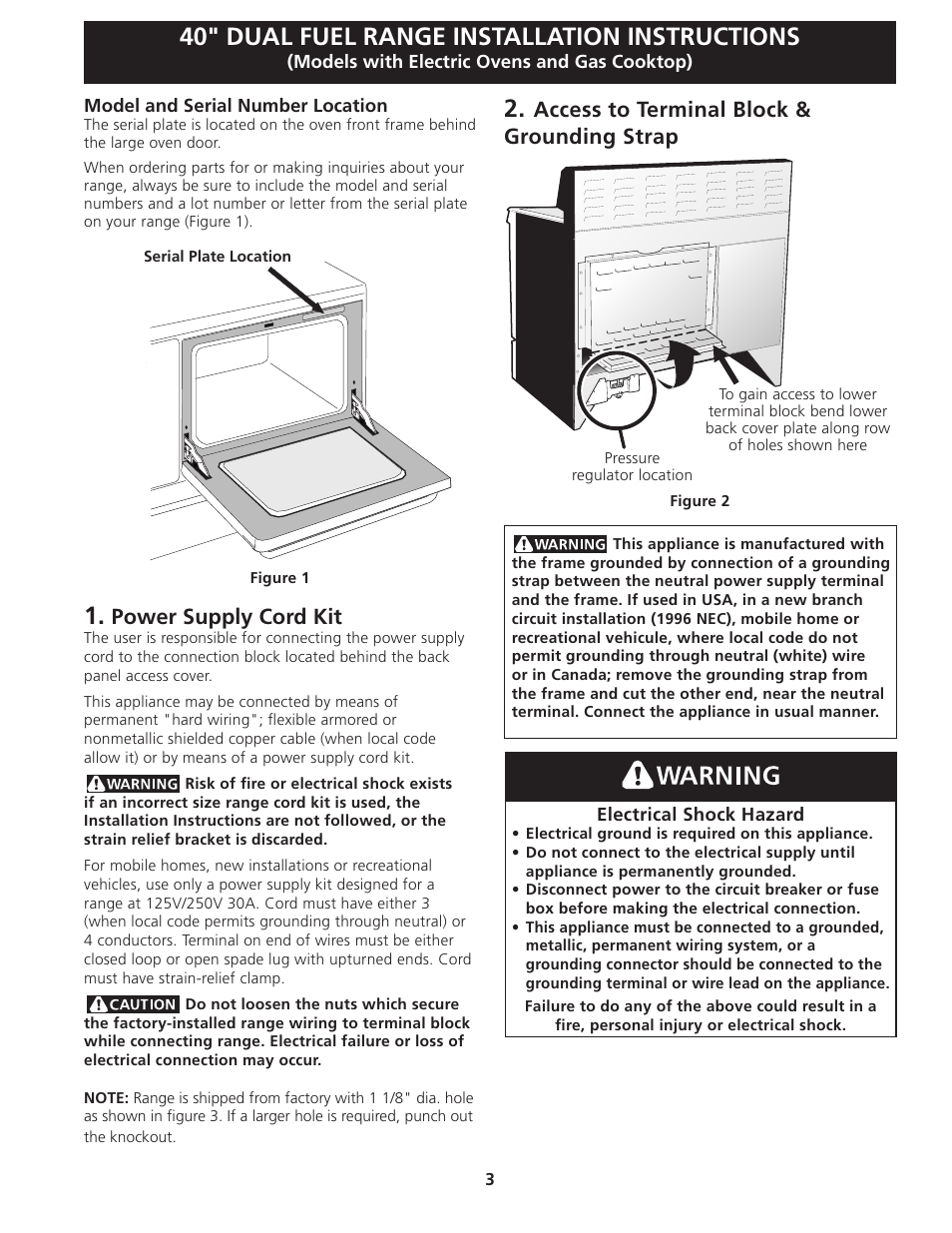 40" dual fuel range installation instructions, Power supply cord kit, Access to terminal block & grounding strap | FRIGIDAIRE FPDF4085KF User Manual | Page 3 / 24