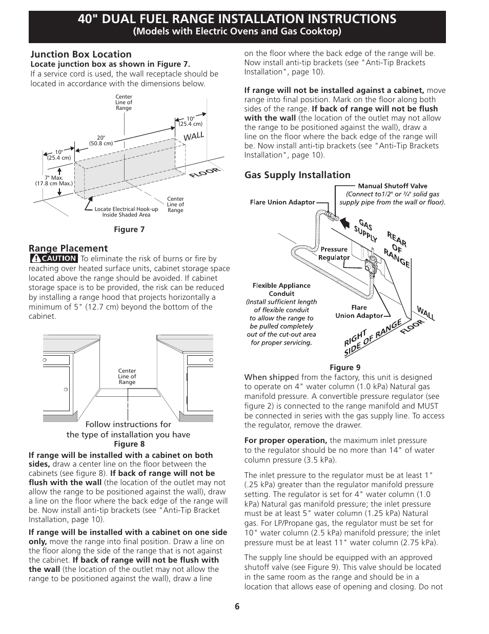 40" dual fuel range installation instructions, Models with electric ovens and gas cooktop), Junction box location | Range placement, Gas supply installation | FRIGIDAIRE FPDF4085KF User Manual | Page 6 / 24