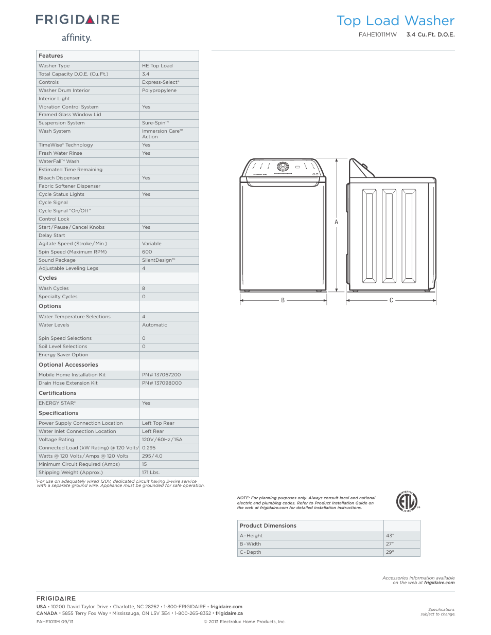 Top load washer | FRIGIDAIRE Affinity Washer FAHE1011MW User Manual | Page 2 / 3
