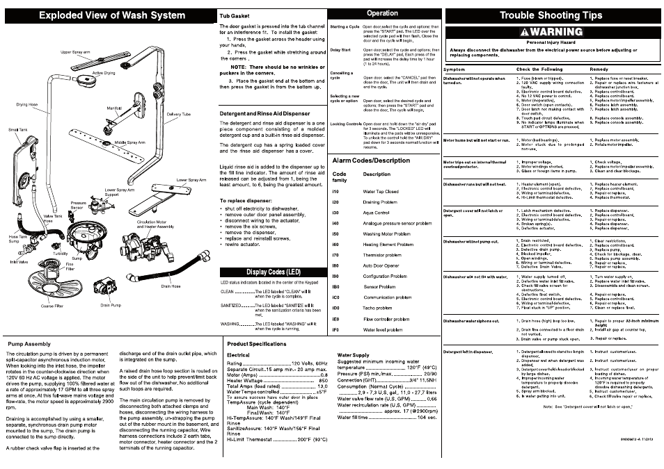 Exploded view of wash system, Tub gasket, Detergent and rinse aid dispenser | Display codes (led), Pump assembly, Product specifications eiectricai, Trouble shooting tips, Awarning | FRIGIDAIRE FGCD2456QB User Manual | Page 2 / 2