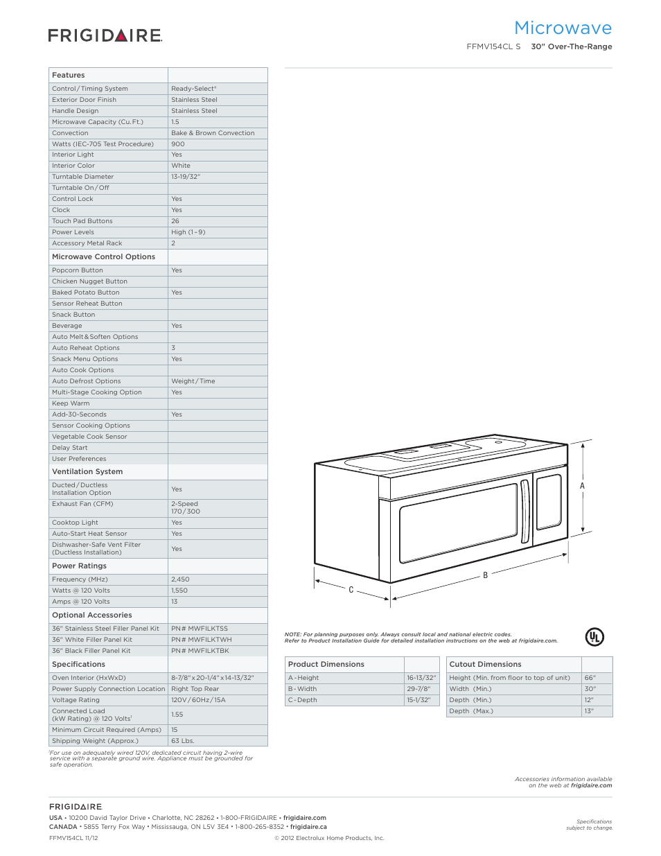 Over-the-range microwave oven frigidaire baseline, Microwave | FRIGIDAIRE FFMV154CLS User Manual | Page 2 / 7