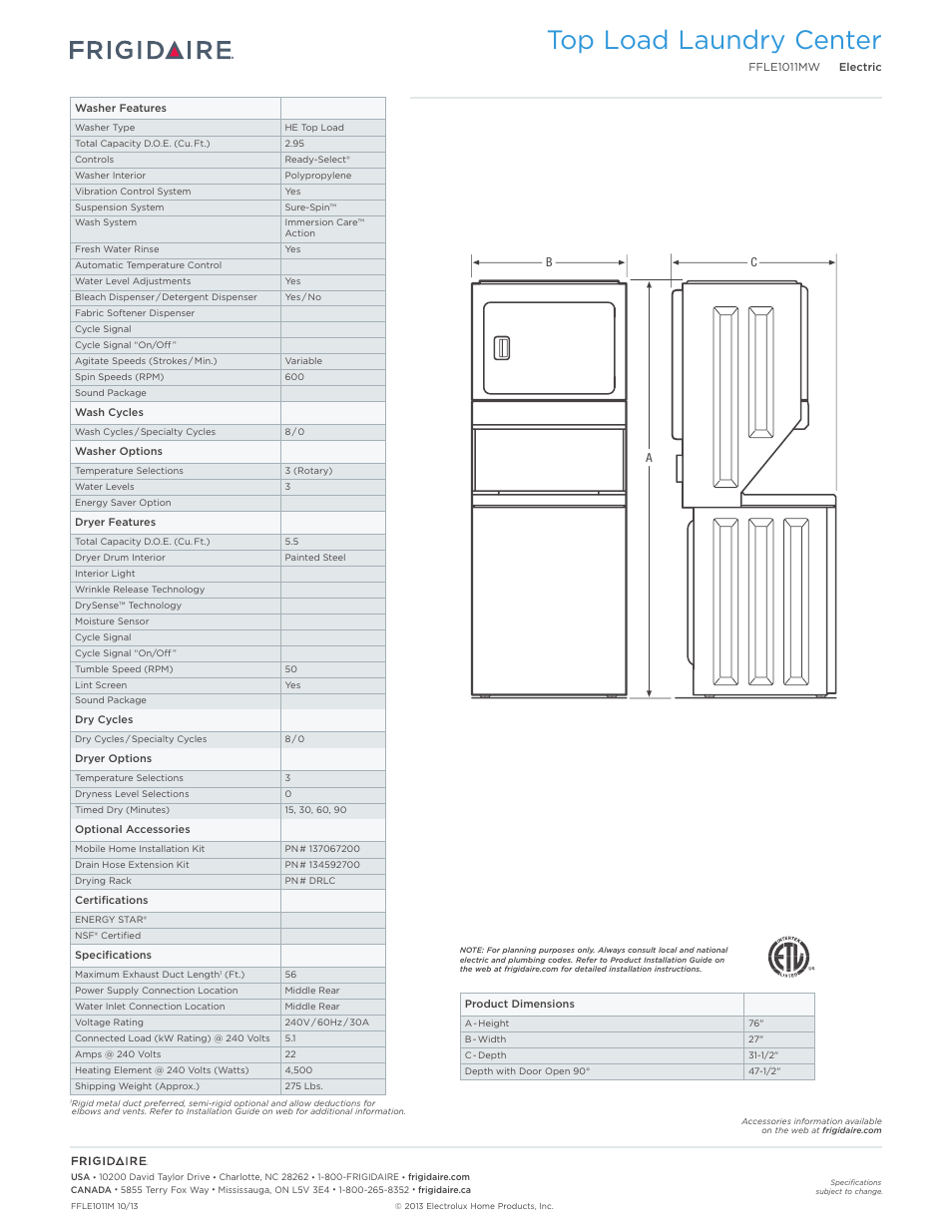 Top load laundry center | FRIGIDAIRE FFLE1011MW User Manual | Page 2 / 3