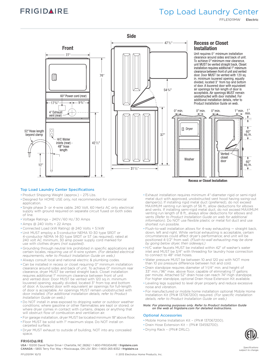Top load laundry center | FRIGIDAIRE FFLE1011MW User Manual | Page 3 / 3