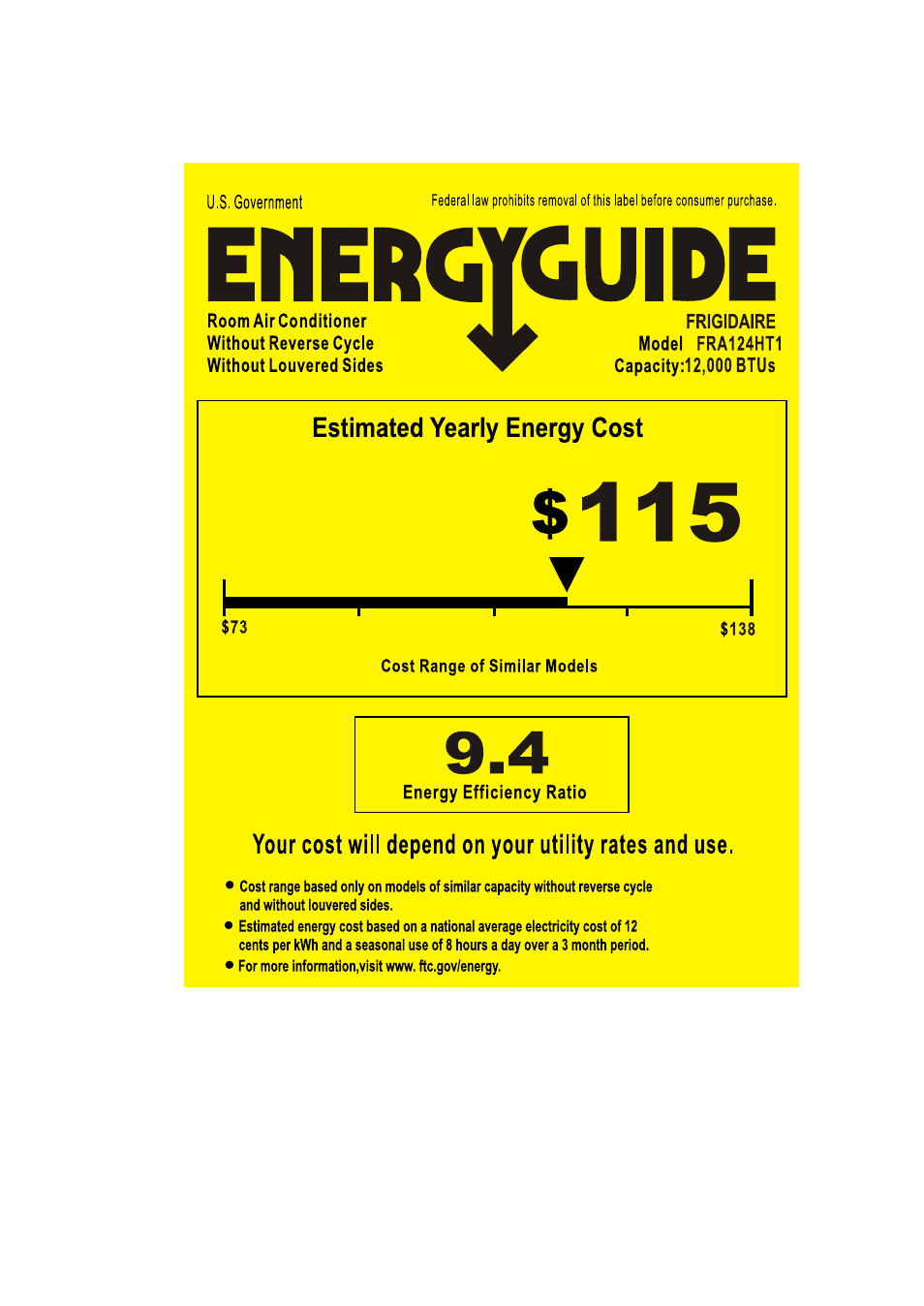 FRIGIDAIRE FRA124HT1 User Manual | 1 page