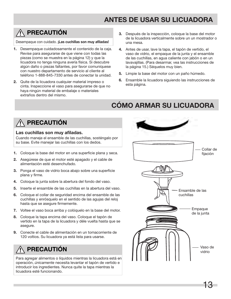 Antes de usar su licuadora cómo armar su licuadora, Precautión | FRIGIDAIRE FPJB56B7MS User Manual | Page 13 / 27