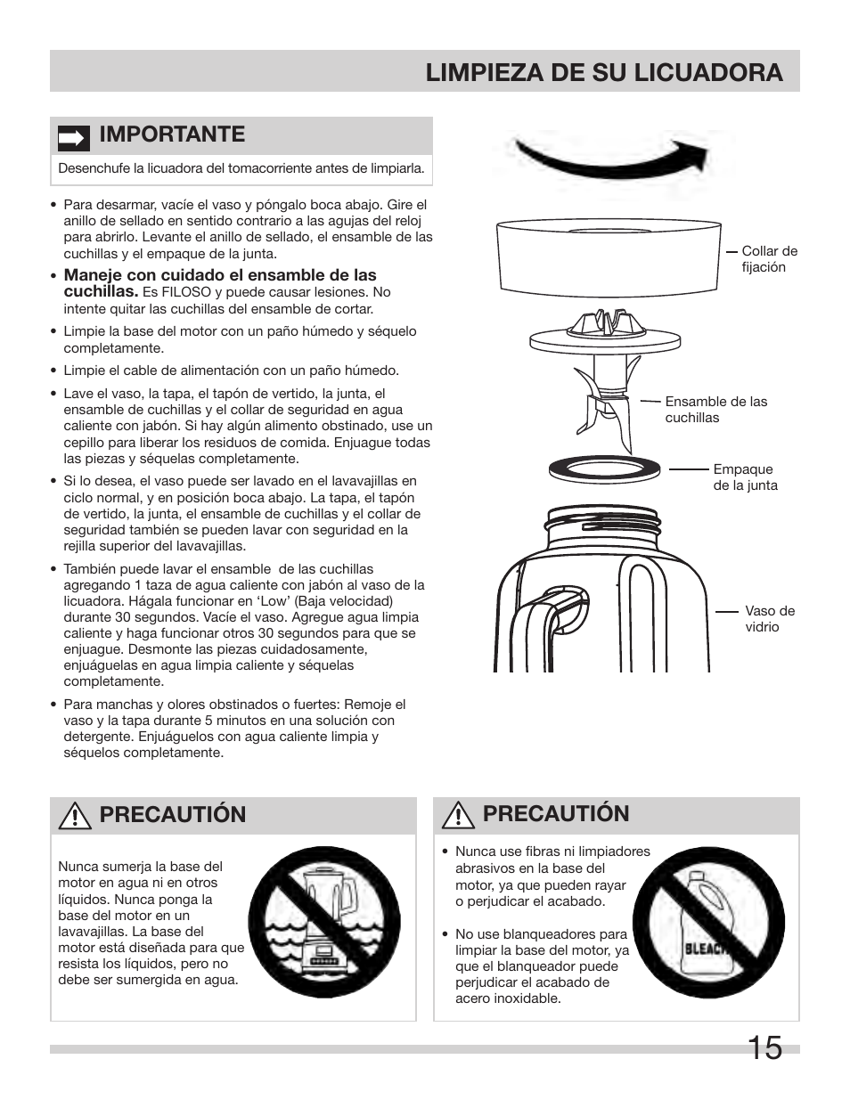 Limpieza de su licuadora, Importante, Precautión | FRIGIDAIRE FPJB56B7MS User Manual | Page 15 / 27