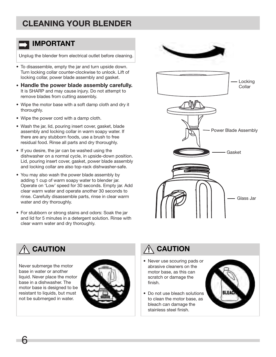 Cleaning your blender, Important, Caution | FRIGIDAIRE FPJB56B7MS User Manual | Page 6 / 27