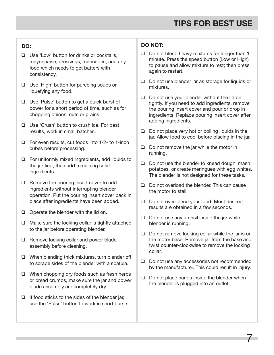 Tips for best use | FRIGIDAIRE FPJB56B7MS User Manual | Page 7 / 27