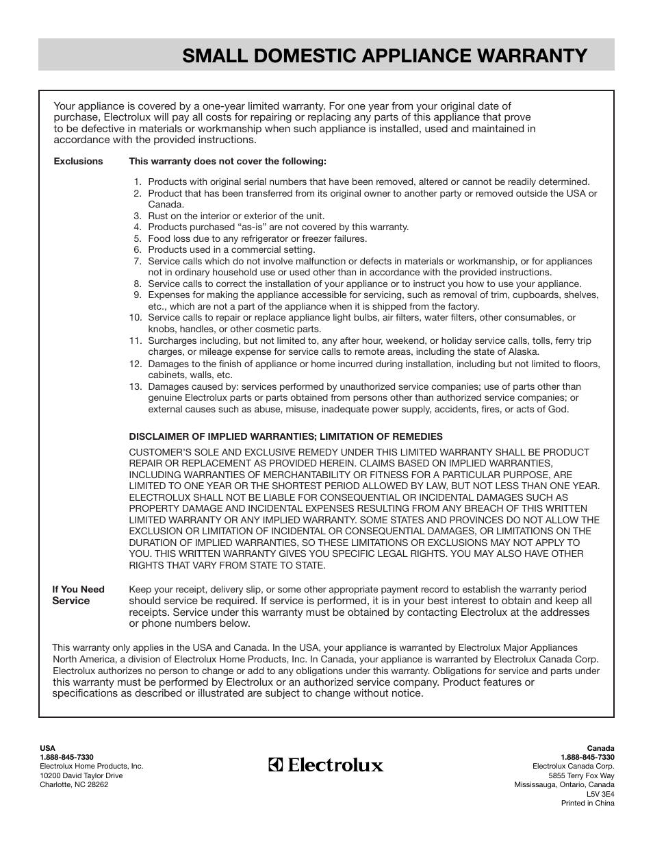 Small domestic appliance warranty | FRIGIDAIRE FPJB56B7MS User Manual | Page 9 / 27