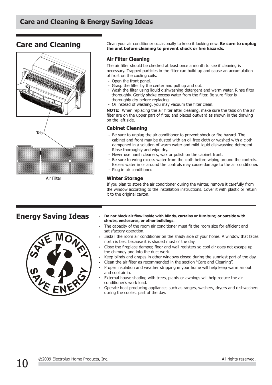 Energy saving ideas, Care and cleaning, Care and cleaning & energy saving ideas | FRIGIDAIRE FRA064VU1 User Manual | Page 10 / 12