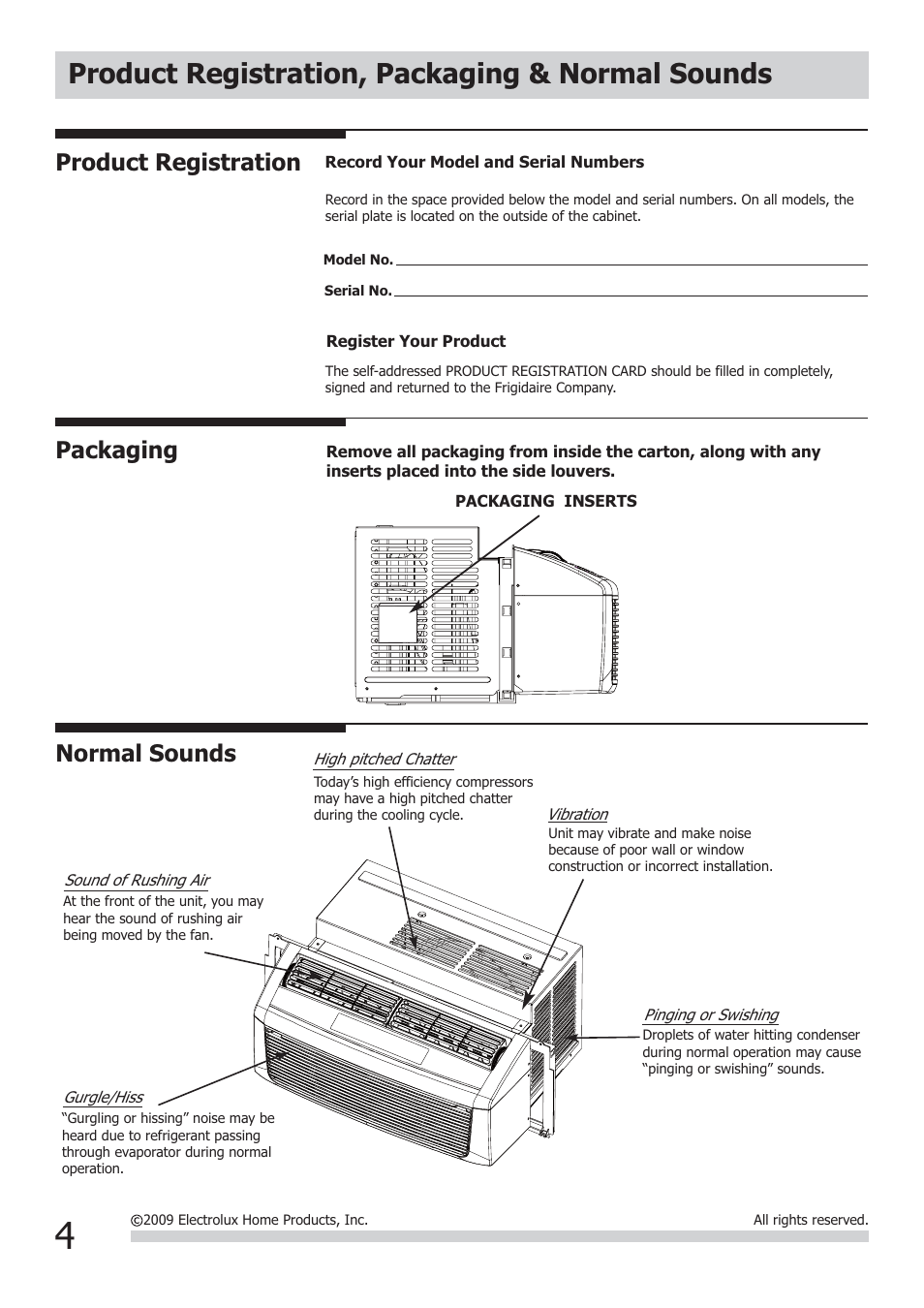 Product registration, packaging & normal sounds, Normal sounds product registration, Packaging | FRIGIDAIRE FRA064VU1 User Manual | Page 4 / 12