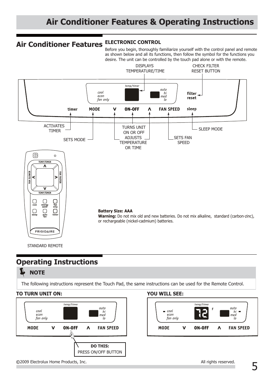 Air conditioner features & operating instructions, Air conditioner features, Operating instructions | FRIGIDAIRE FRA064VU1 User Manual | Page 5 / 12