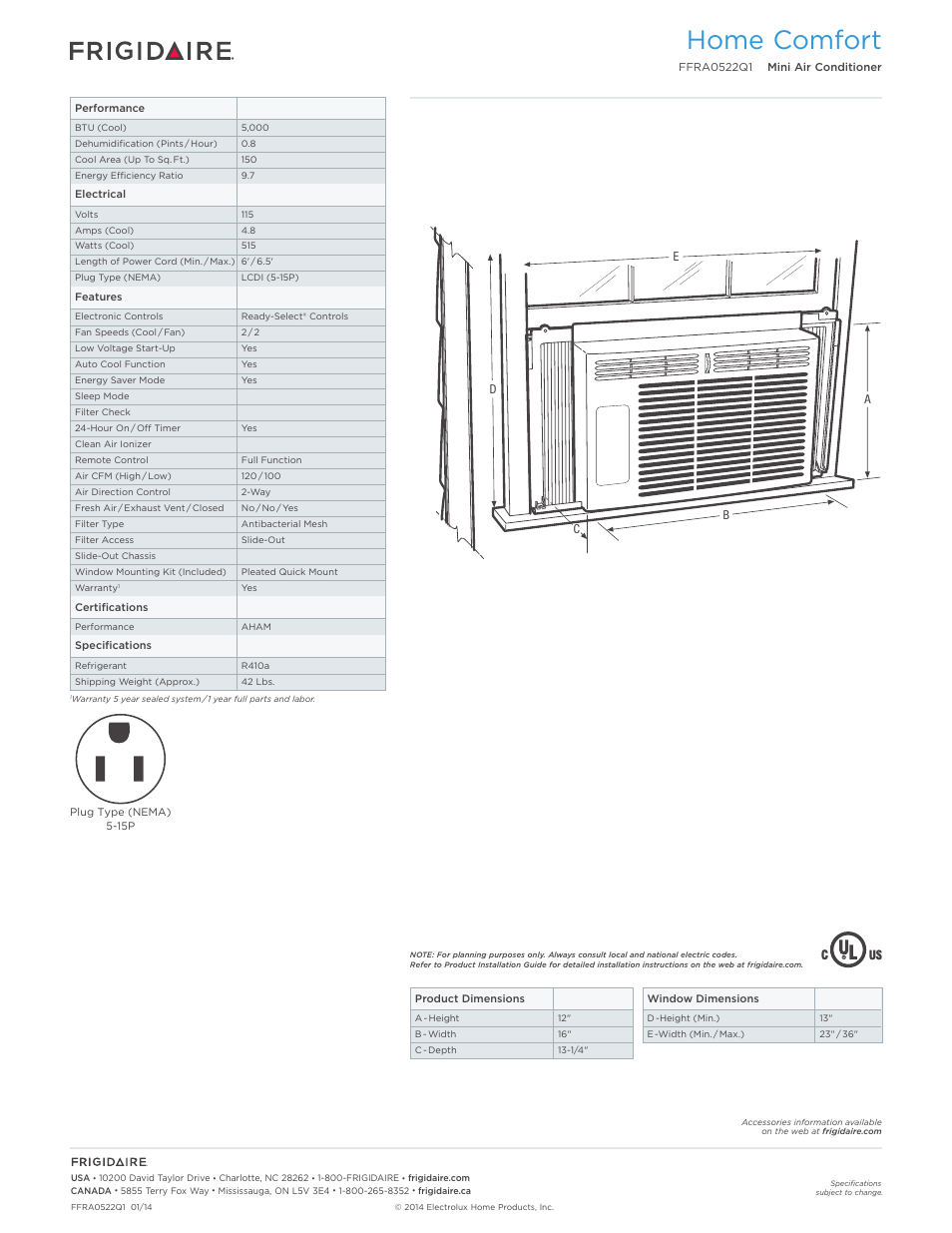 Rac mini models frigidaire baseline, Home comfort | FRIGIDAIRE FFRA0522Q1 User Manual | Page 2 / 2