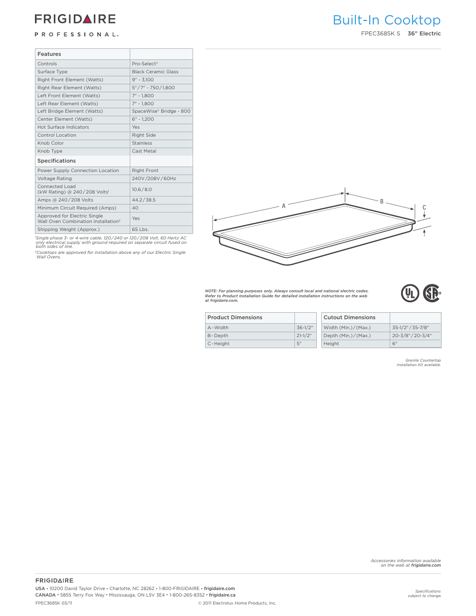 Drop-in electric cooktops frigidaire baseline, Built-in cooktop | FRIGIDAIRE FPEC3685KS User Manual | Page 2 / 5