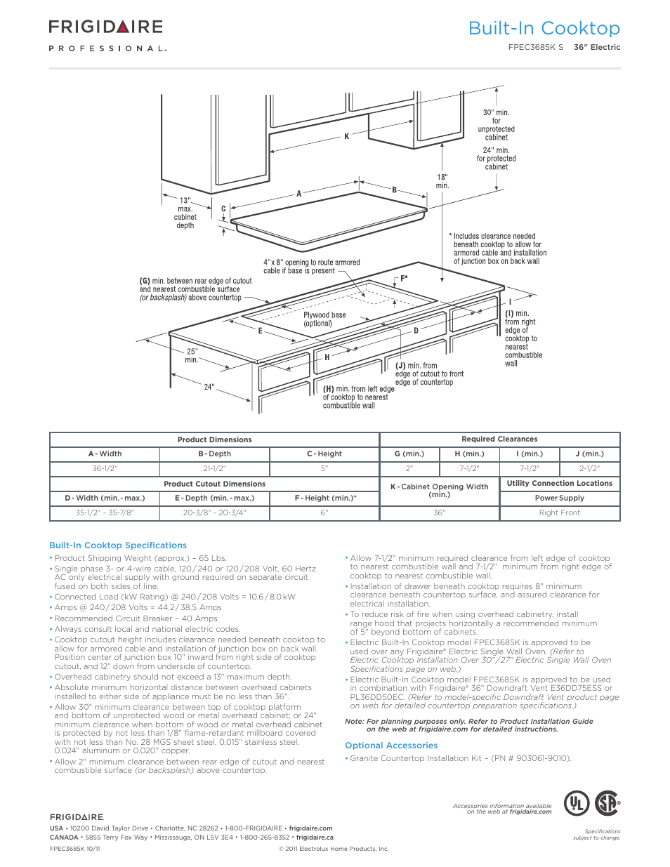 Drop-in induction / electric cooktops, Professional / gallery / baseline, Built-in cooktop | Callouts must be charted per individual model) | FRIGIDAIRE FPEC3685KS User Manual | Page 3 / 5