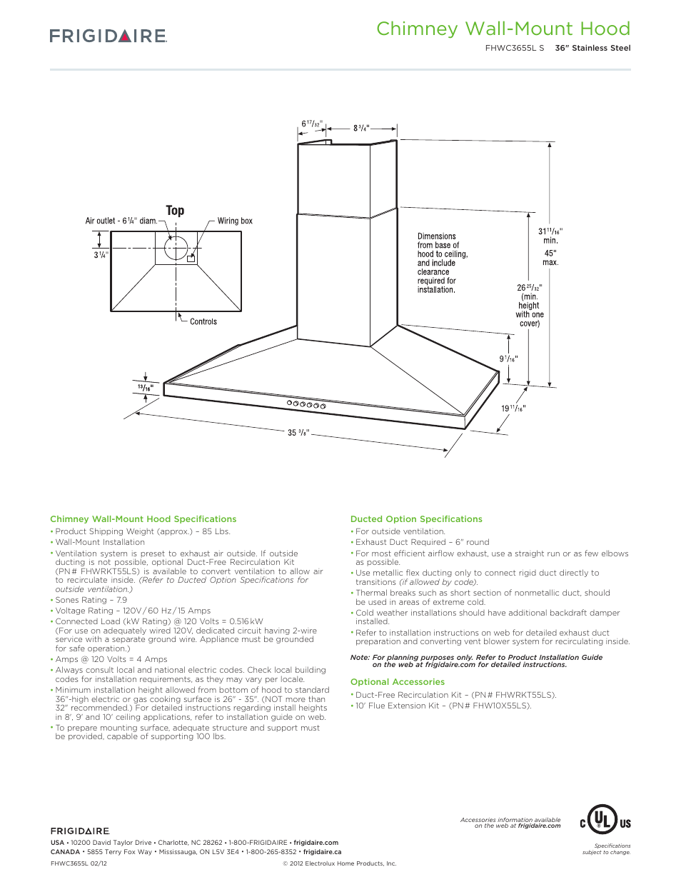 Wm vent hood fhwc3655ls, Chimney wall-mount hood | FRIGIDAIRE FHWC3655LS User Manual | Page 2 / 5