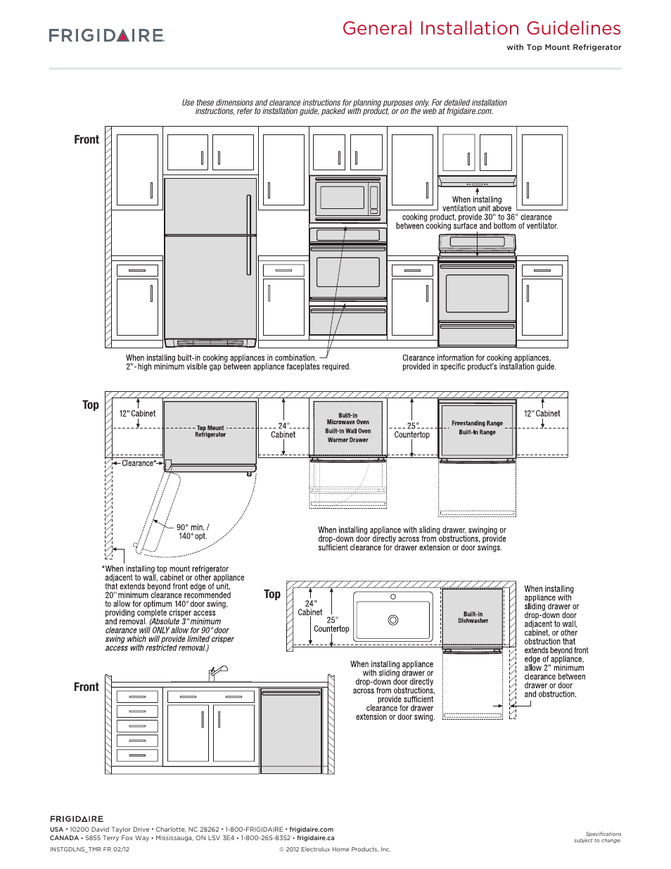 General installation guidelines, Front top front top | FRIGIDAIRE FHWC3655LS User Manual | Page 4 / 5