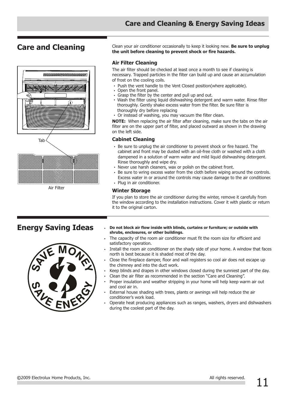 Energy saving ideas, Care and cleaning, Care and cleaning & energy saving ideas | FRIGIDAIRE FRA226ST2 User Manual | Page 11 / 13