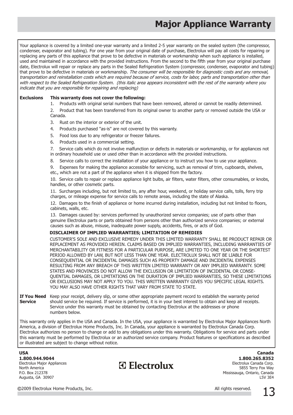 Major appliance warranty | FRIGIDAIRE FRA226ST2 User Manual | Page 13 / 13