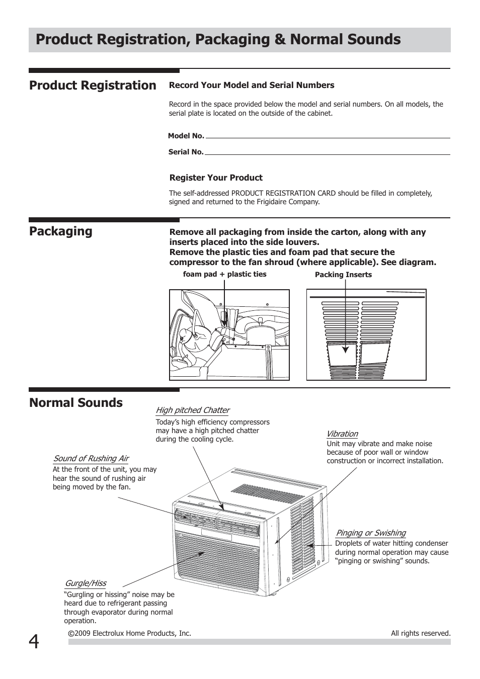 Product registration, packaging & normal sounds, Normal sounds, Product registration | Packaging | FRIGIDAIRE FRA226ST2 User Manual | Page 4 / 13