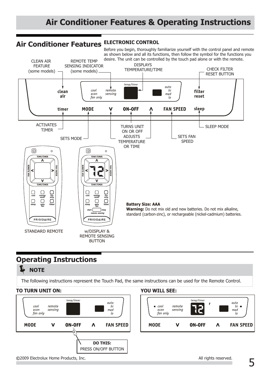 Air conditioner features & operating instructions, Air conditioner features, Operating instructions | FRIGIDAIRE FRA226ST2 User Manual | Page 5 / 13