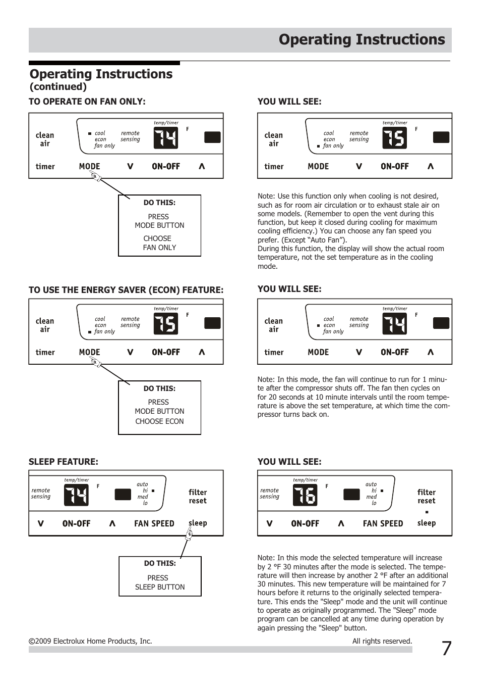 Operating instructions | FRIGIDAIRE FRA226ST2 User Manual | Page 7 / 13