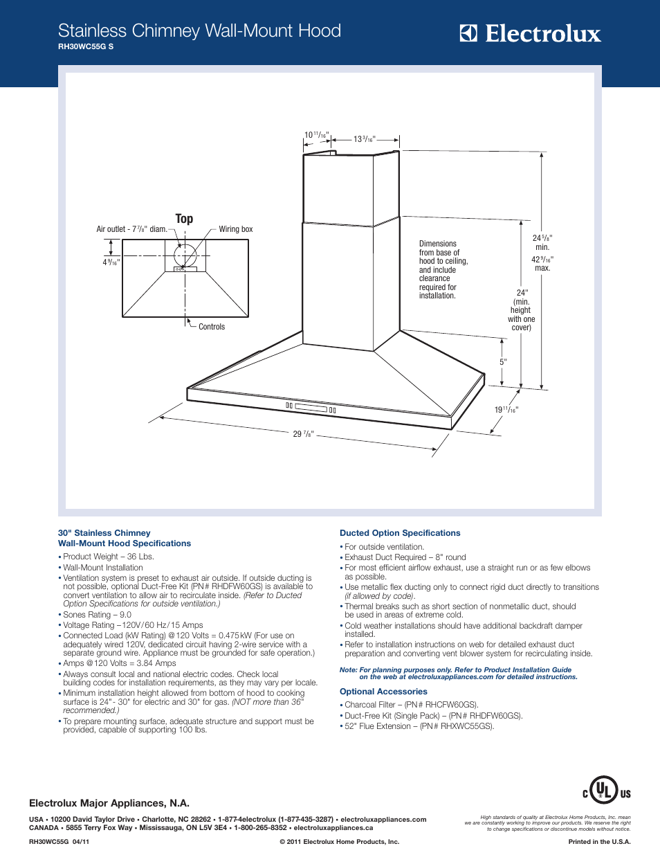 Stainless chimney wall-mount hood, Electrolux major appliances, n.a | FRIGIDAIRE RH30WC55GS User Manual | Page 2 / 2