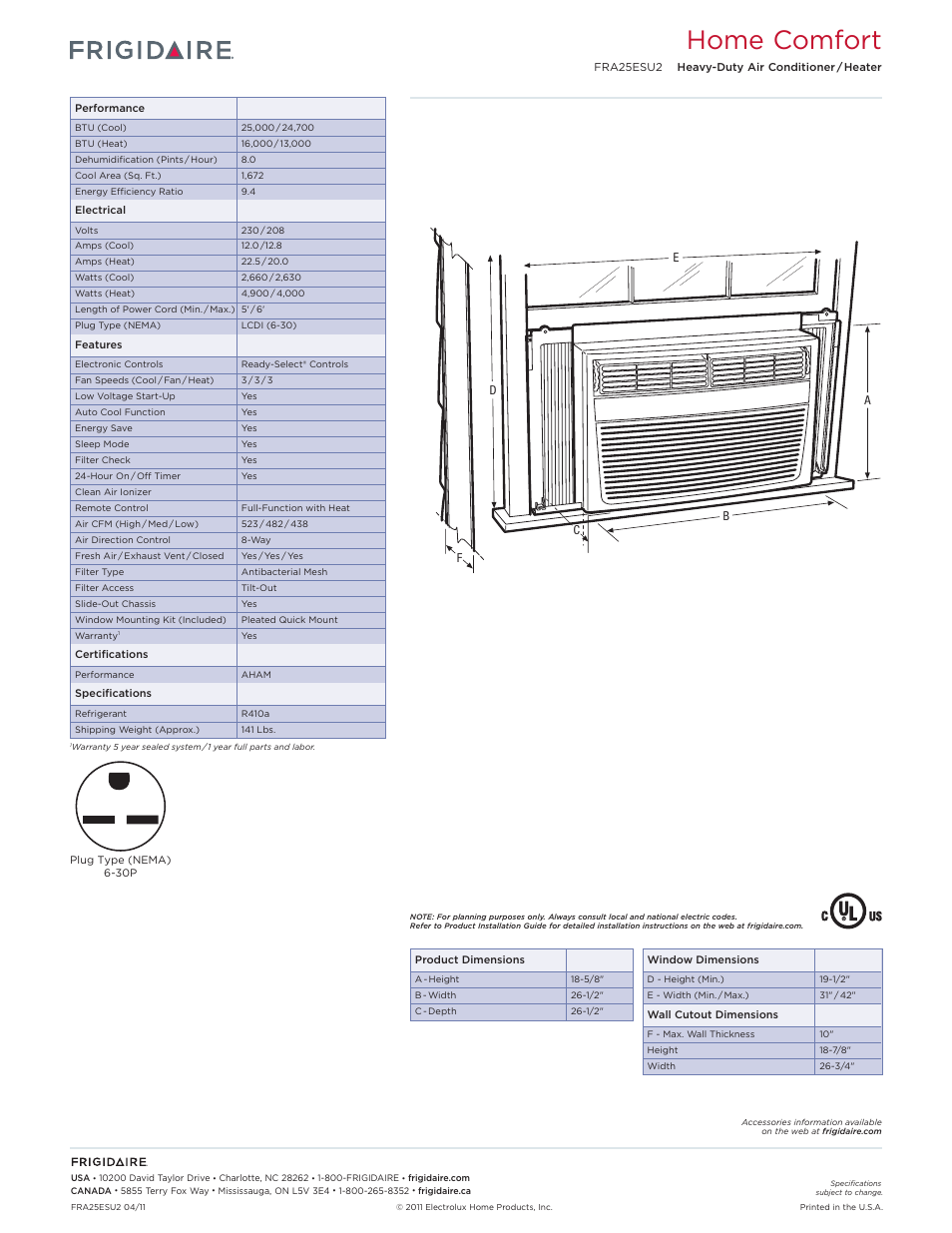 Rac heavy-duty models frigidaire baseline, Home comfort | FRIGIDAIRE FRA25ESU2 User Manual | Page 2 / 2