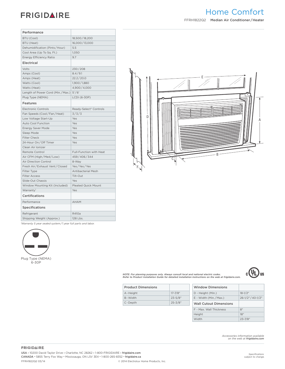 Rac median models frigidaire baseline, Home comfort | FRIGIDAIRE FFRH1822Q2 User Manual | Page 2 / 2