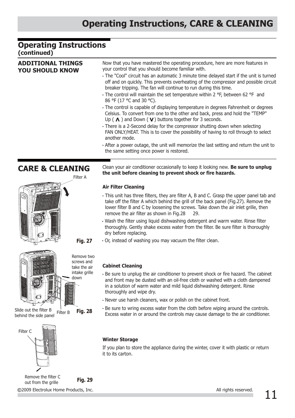 Operating instructions, care & cleaning, Care & cleaning, Operating instructions | FRIGIDAIRE FRA12EPT1 User Manual | Page 11 / 13