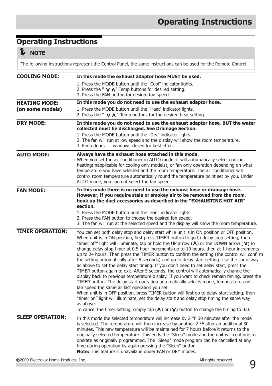 Operating instructions | FRIGIDAIRE FRA12EPT1 User Manual | Page 9 / 13