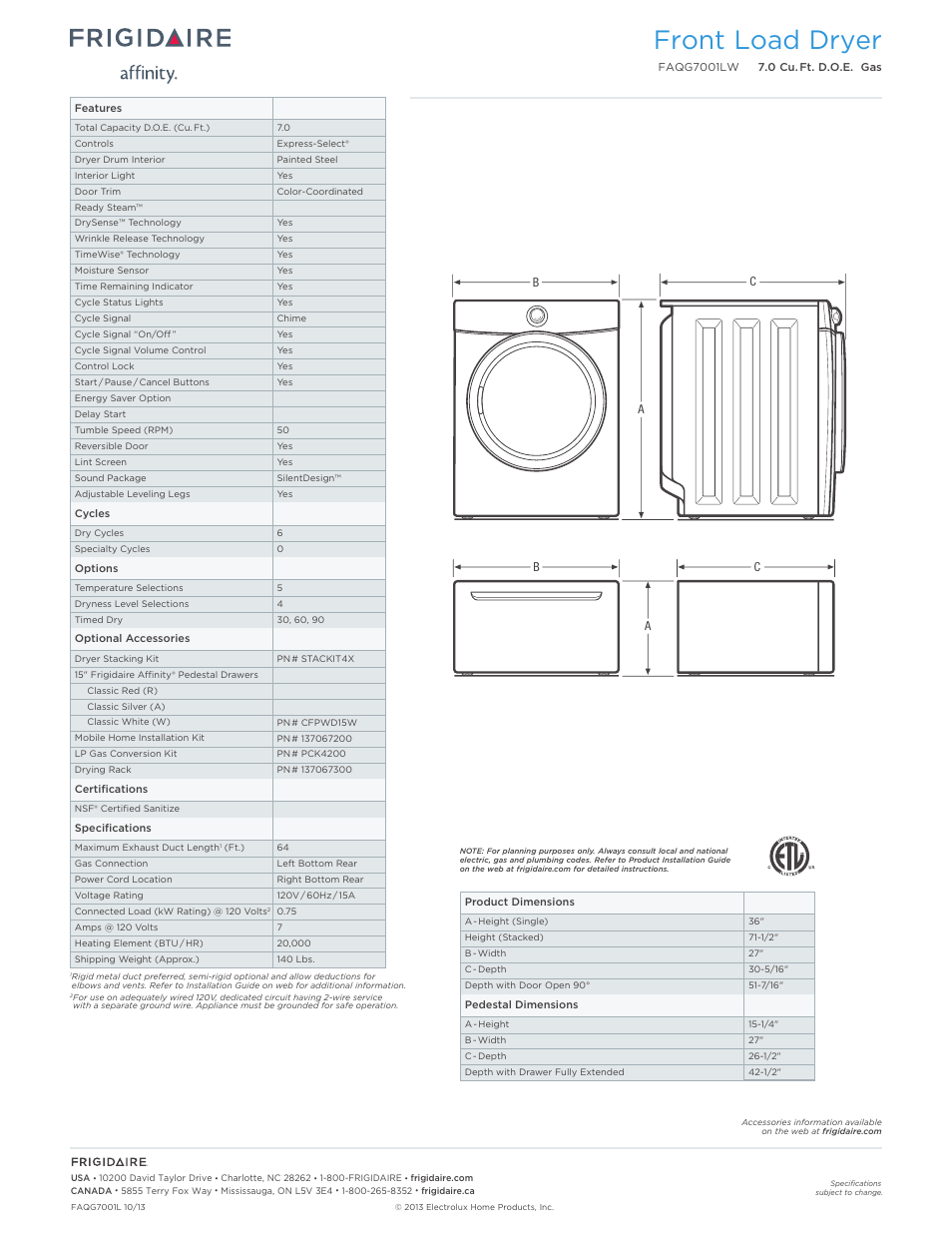 Front load dryer | FRIGIDAIRE FAQG7001LW User Manual | Page 2 / 3