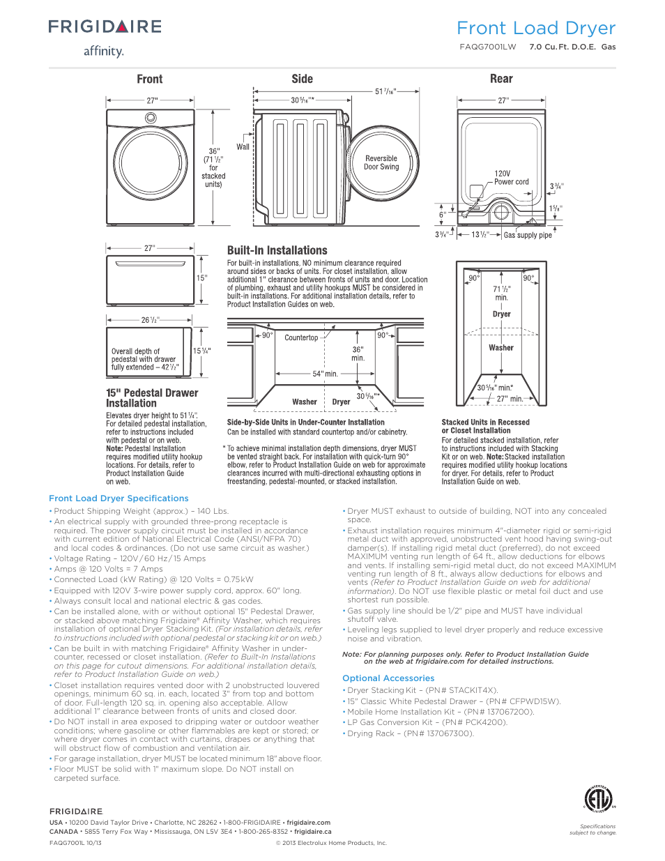 Front load dryer | FRIGIDAIRE FAQG7001LW User Manual | Page 3 / 3