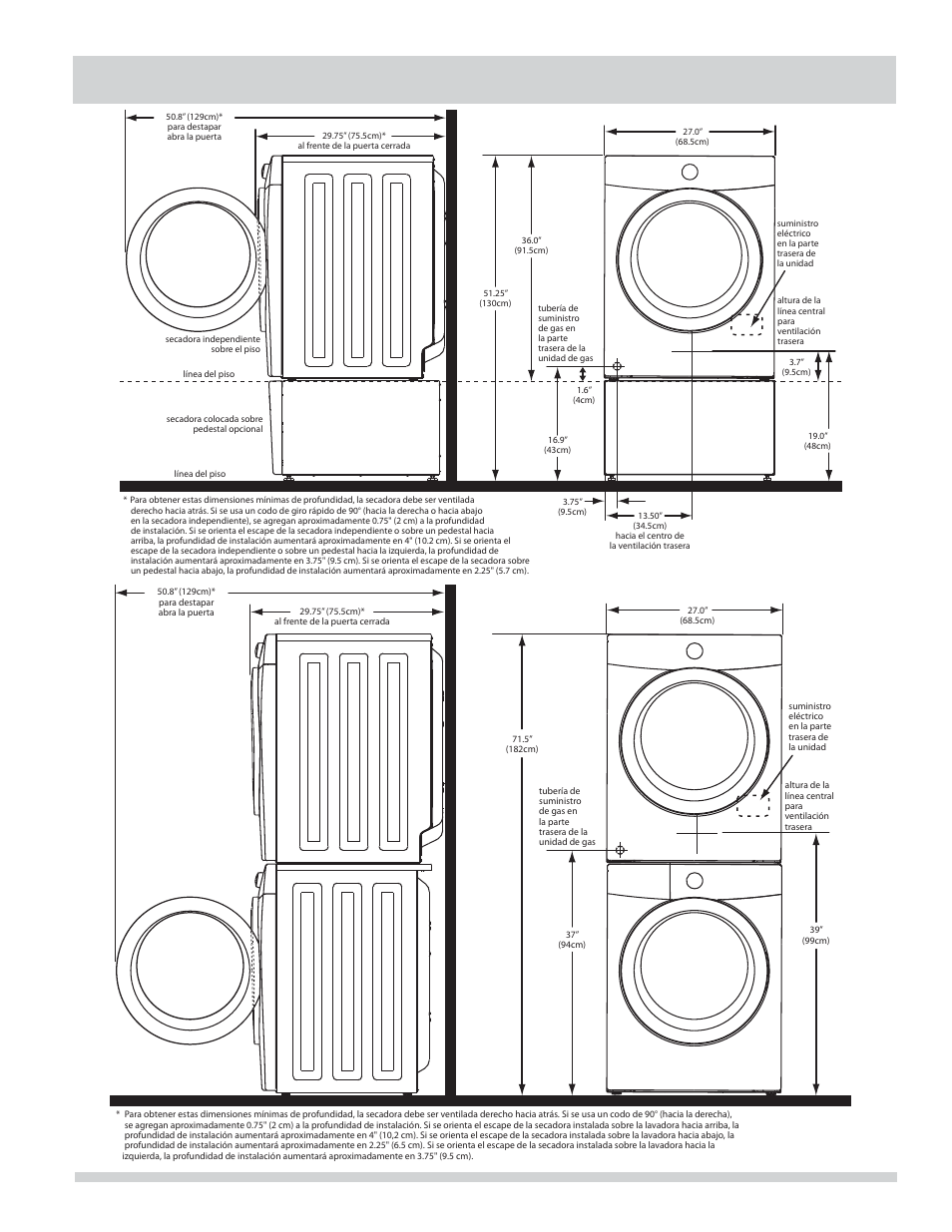 Dimensiones de la secadora instalada | FRIGIDAIRE FAQE7001LW User Manual | Page 33 / 48