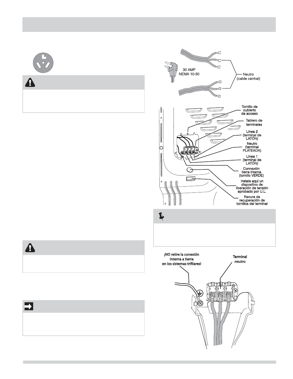 Instrucciones de instalación, Conexión eléctrica (fuera de canadá): trifi lar, Nota | Importante, Advertencia, Receptáculo trifi lar (tipo nema 10-30r) | FRIGIDAIRE FAQE7001LW User Manual | Page 37 / 48
