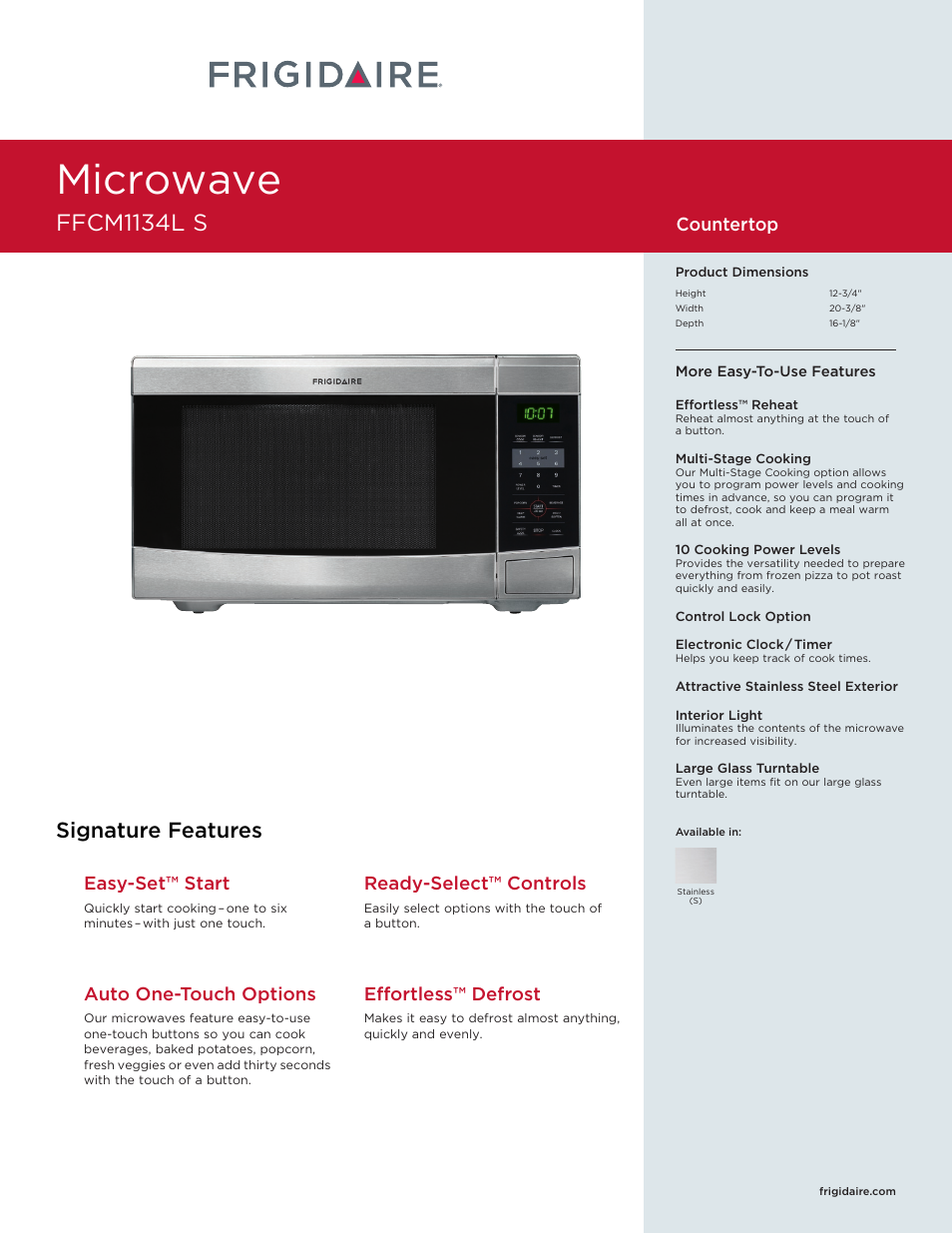 FRIGIDAIRE FFCM1134LS User Manual | 2 pages