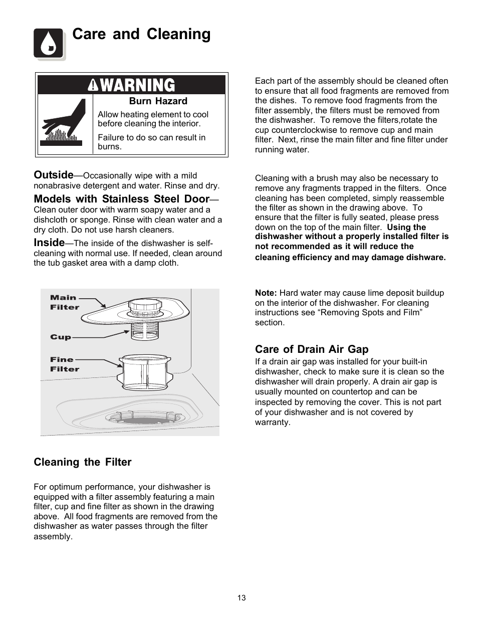 Care and cleaning | FRIGIDAIRE FDB2410HIB User Manual | Page 13 / 20