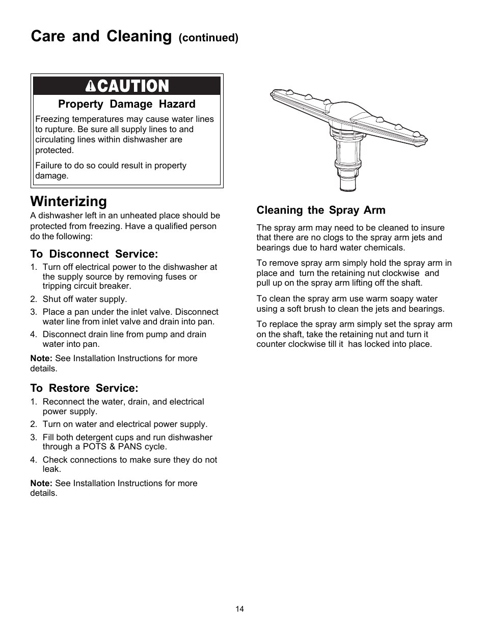 Care and cleaning, Winterizing | FRIGIDAIRE FDB2410HIB User Manual | Page 14 / 20