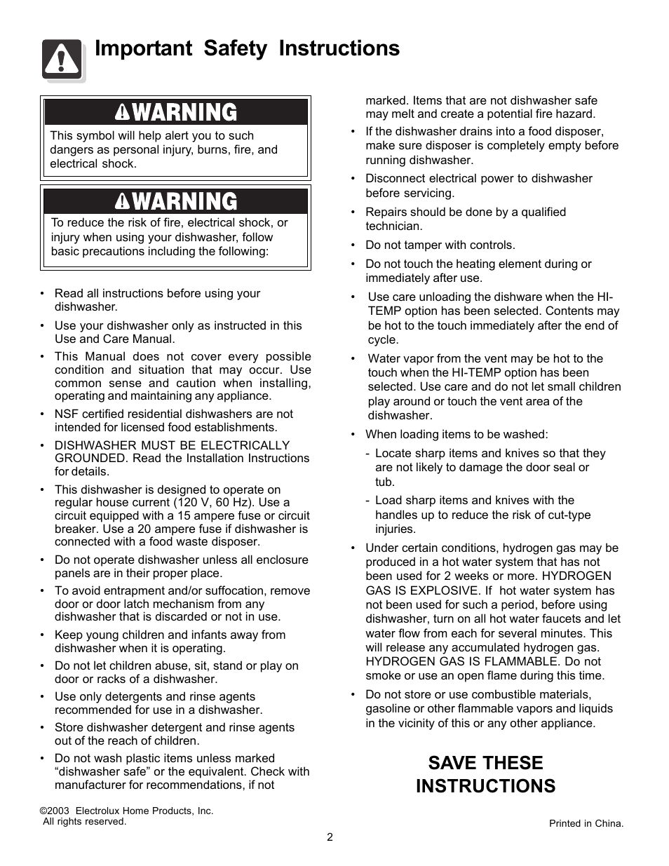 Important safety instructions, Save these instructions | FRIGIDAIRE FDB2410HIB User Manual | Page 2 / 20