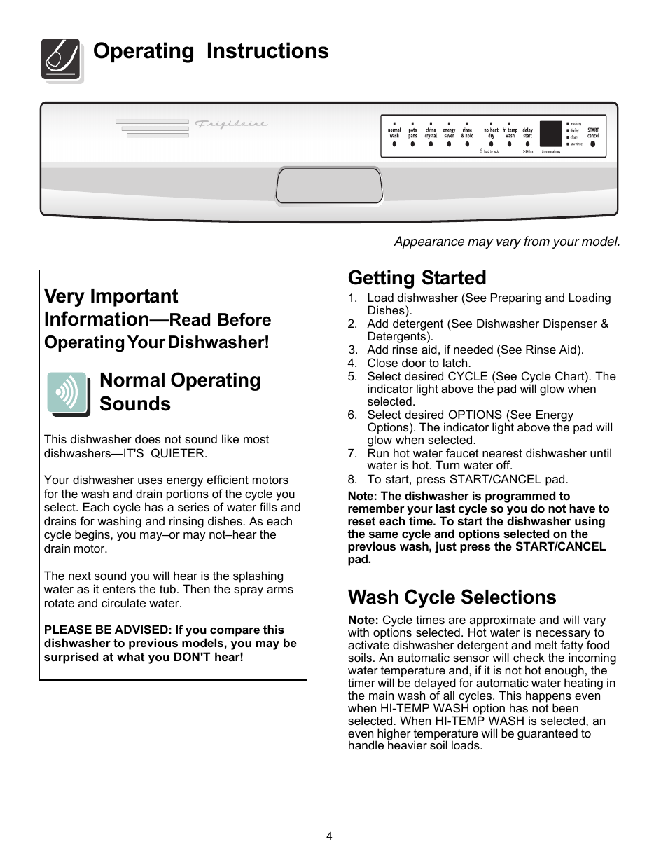 Operating instructions, Wash cycle selections, Getting started | Very important information, Normal operating sounds, Read before operating your dishwasher | FRIGIDAIRE FDB2410HIB User Manual | Page 4 / 20