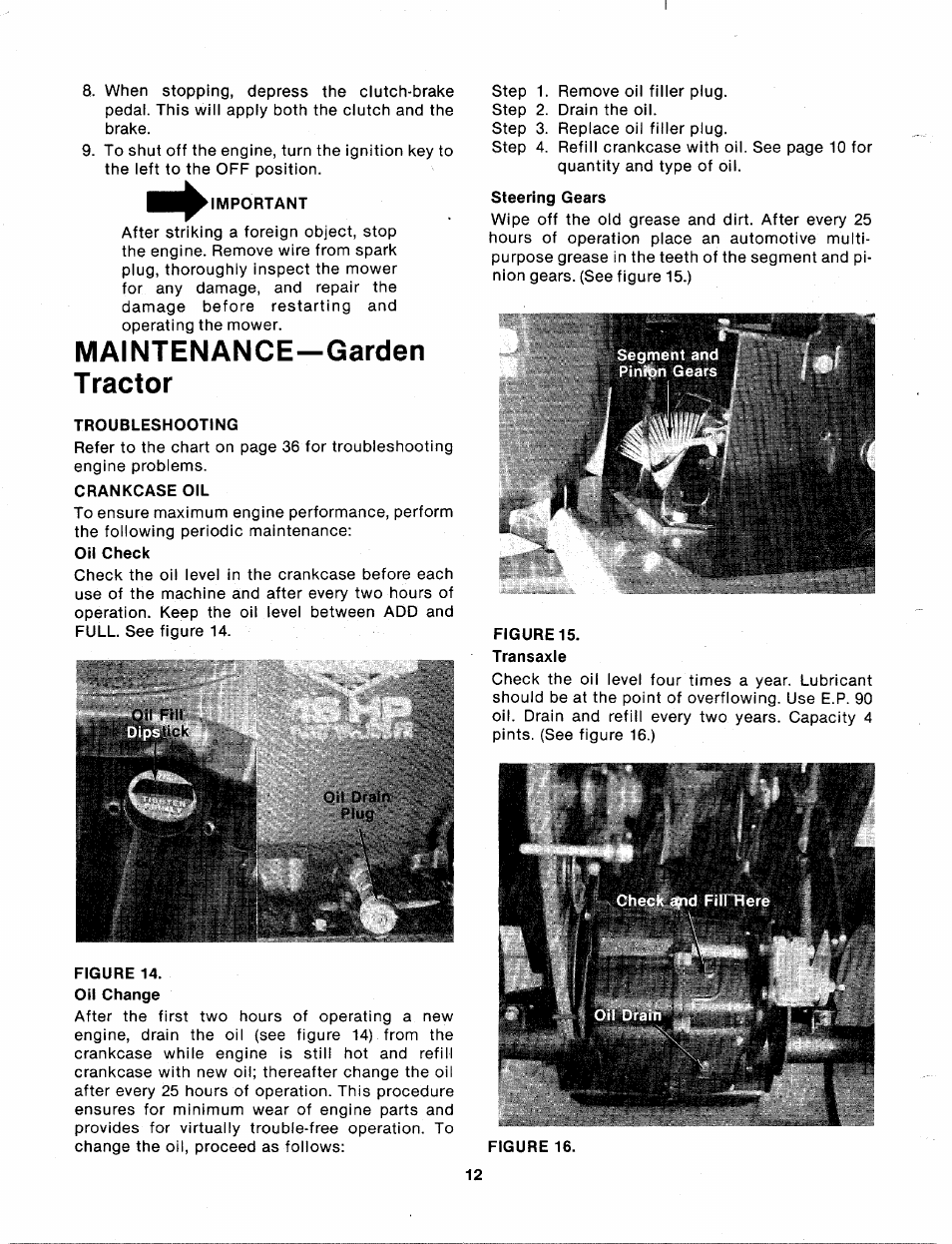Maintenance—garden t ractor, Maintenance—tractor | Bolens 140-830A User Manual | Page 12 / 38