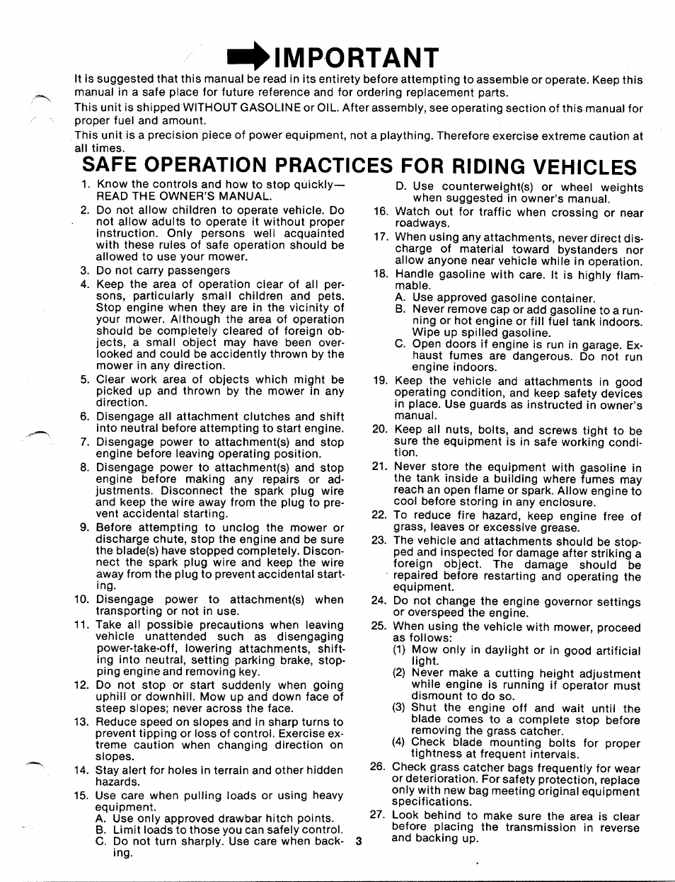 Safe operation practices for riding vehicles, Important | Bolens 140-830A User Manual | Page 3 / 38