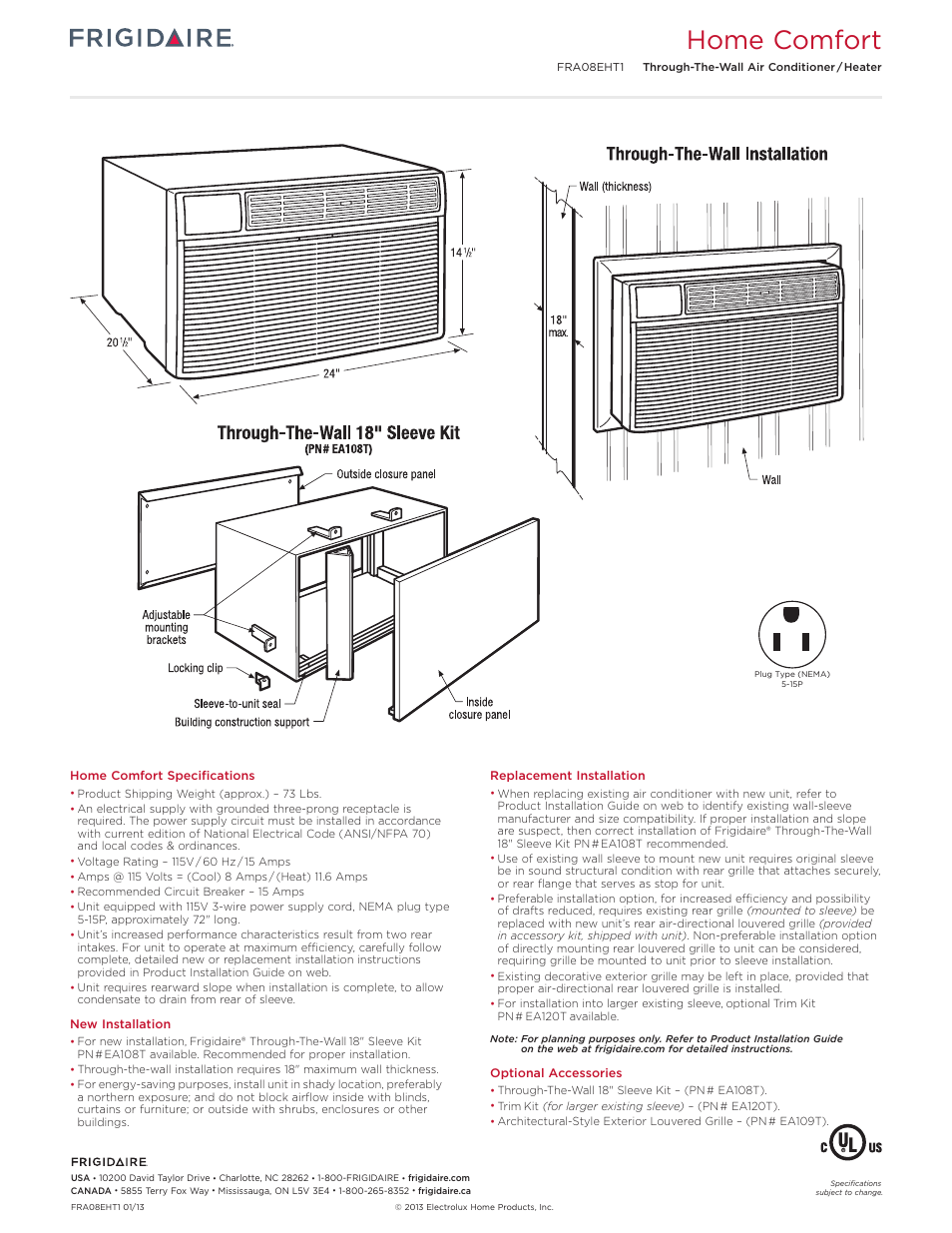Rac through-the-wall models frigidaire baseline, Home comfort | FRIGIDAIRE FRA08EHT1 User Manual | Page 3 / 3