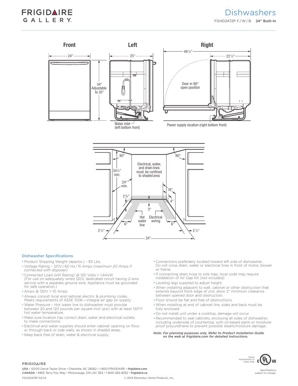 Fghd2472p), Dishwashers, Front | Right left | FRIGIDAIRE FGHD2472PW User Manual | Page 3 / 3