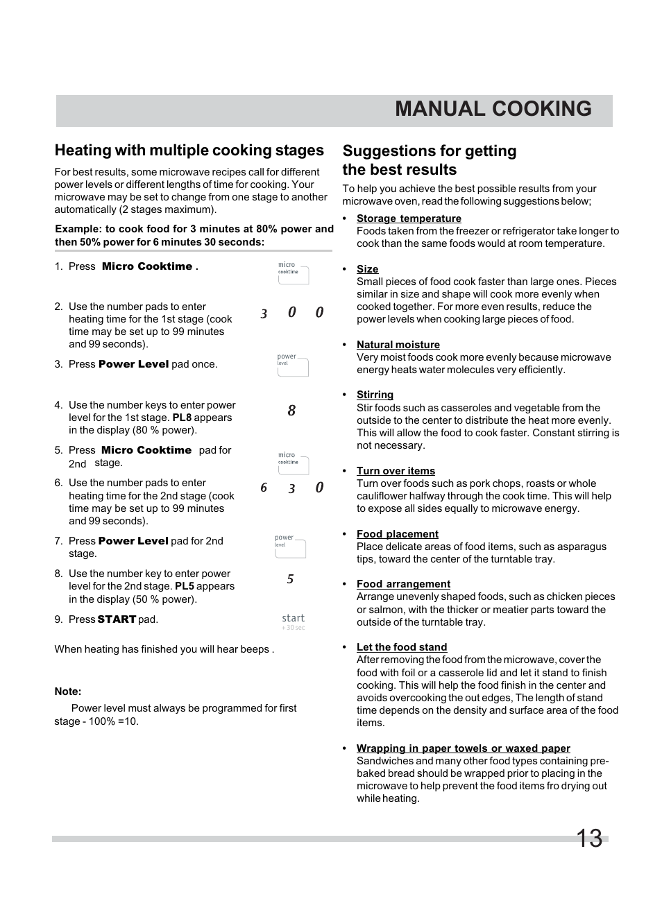 Manual cooking, Suggestions for getting the best results, Heating with multiple cooking stages | FRIGIDAIRE FFMV154CLS User Manual | Page 13 / 31