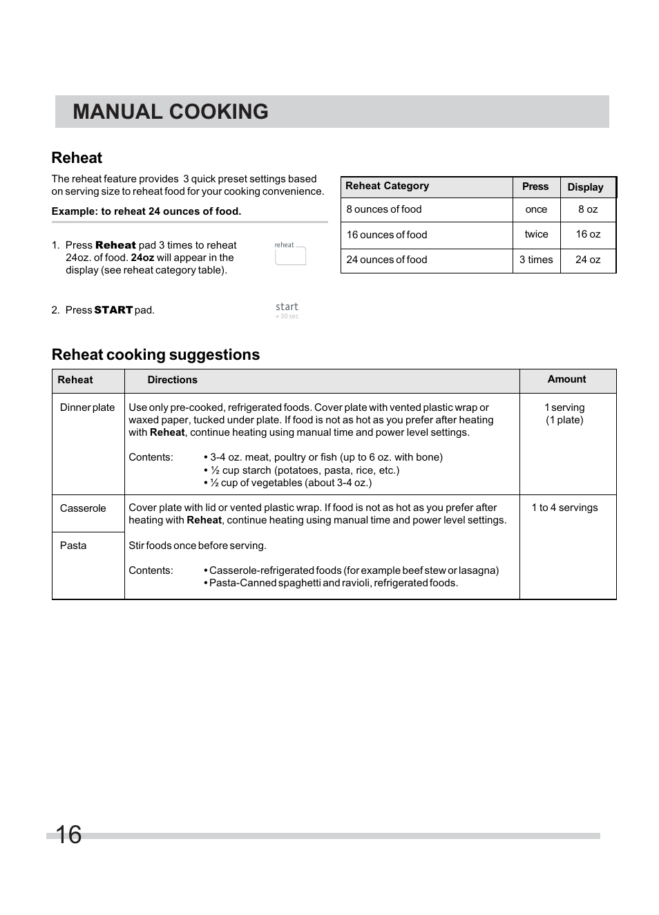 Manual cooking, Reheat, Reheat cooking suggestions | FRIGIDAIRE FFMV154CLS User Manual | Page 16 / 31