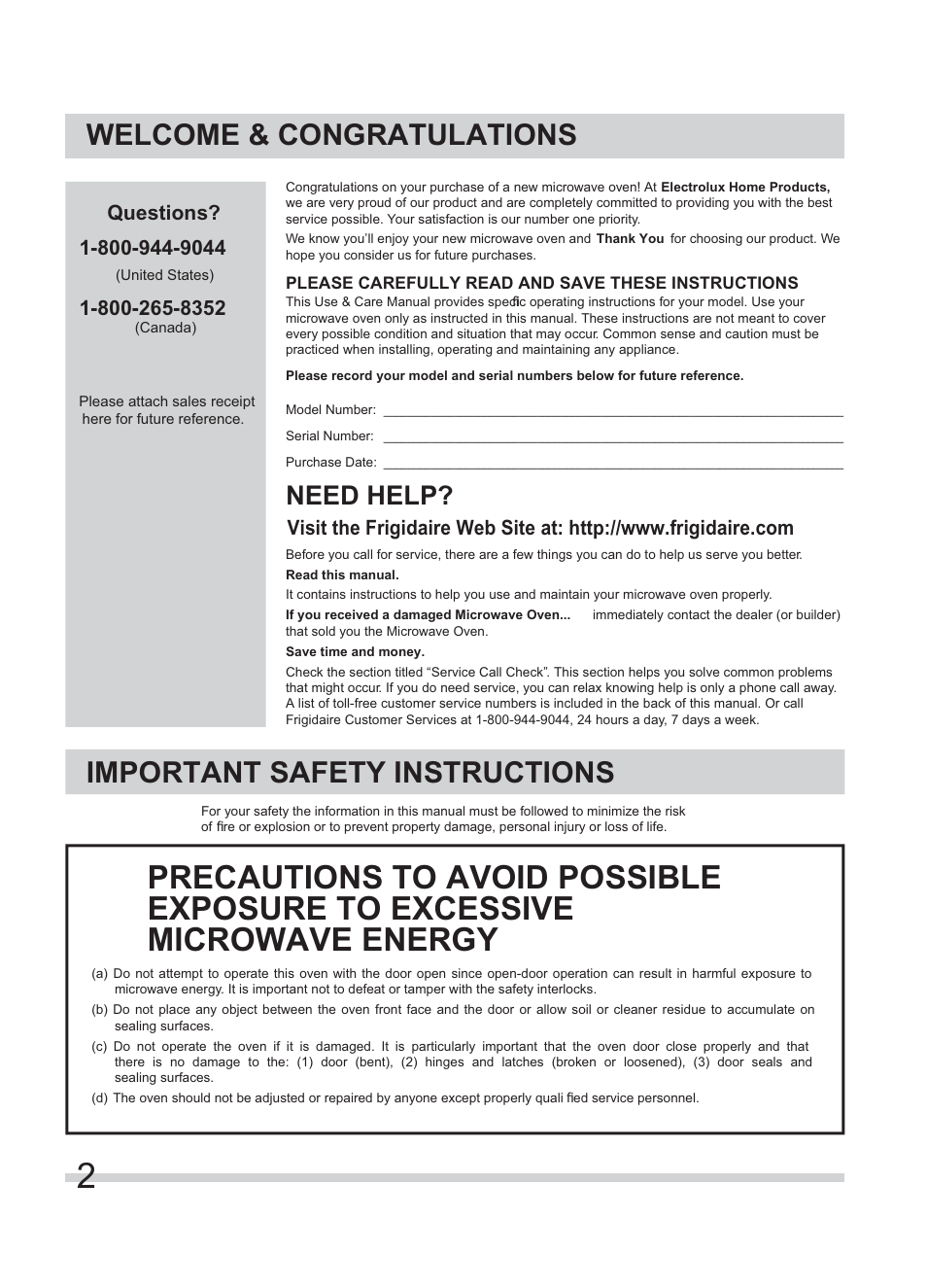 Important safety instructions, Need help | FRIGIDAIRE FFMV154CLS User Manual | Page 2 / 31