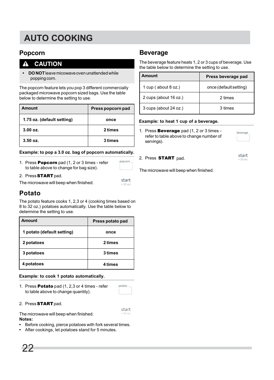 Auto cooking, Beverage, Potato | Popcorn | FRIGIDAIRE FFMV154CLS User Manual | Page 22 / 31