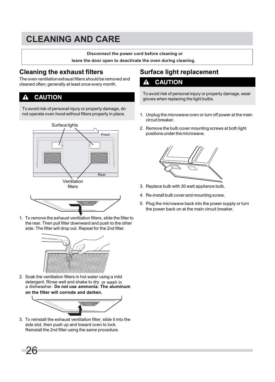 Cleaning and care, Cleaning the exhaust filters, Surface light replacement | FRIGIDAIRE FFMV154CLS User Manual | Page 26 / 31